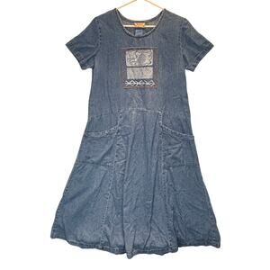 Vintage Blue Cactus Dress Womens Medium Blue Denim Embroidered  Made in USA